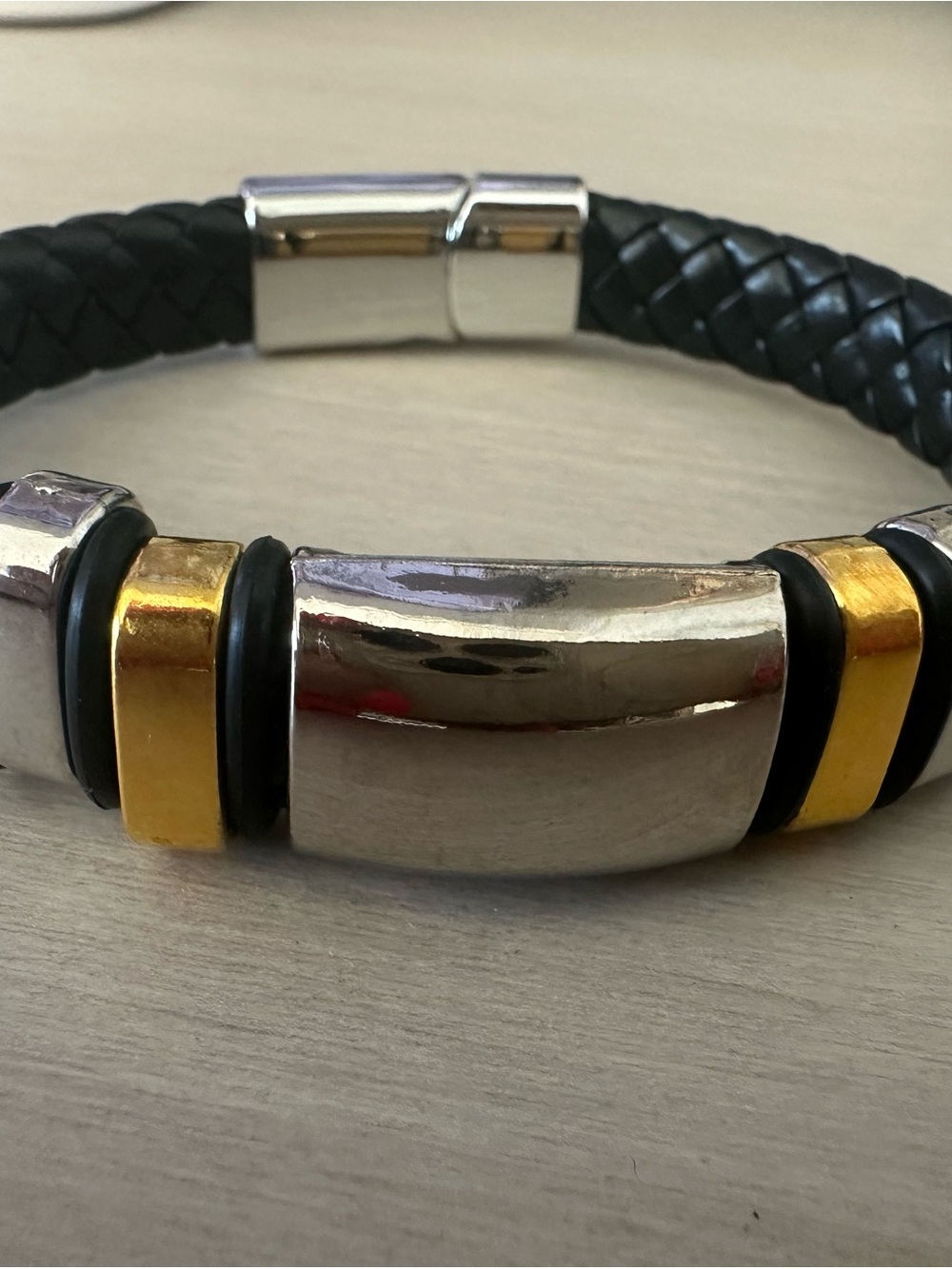 Men's Black Braided Leather Bracelet with Silver & Gold Accents